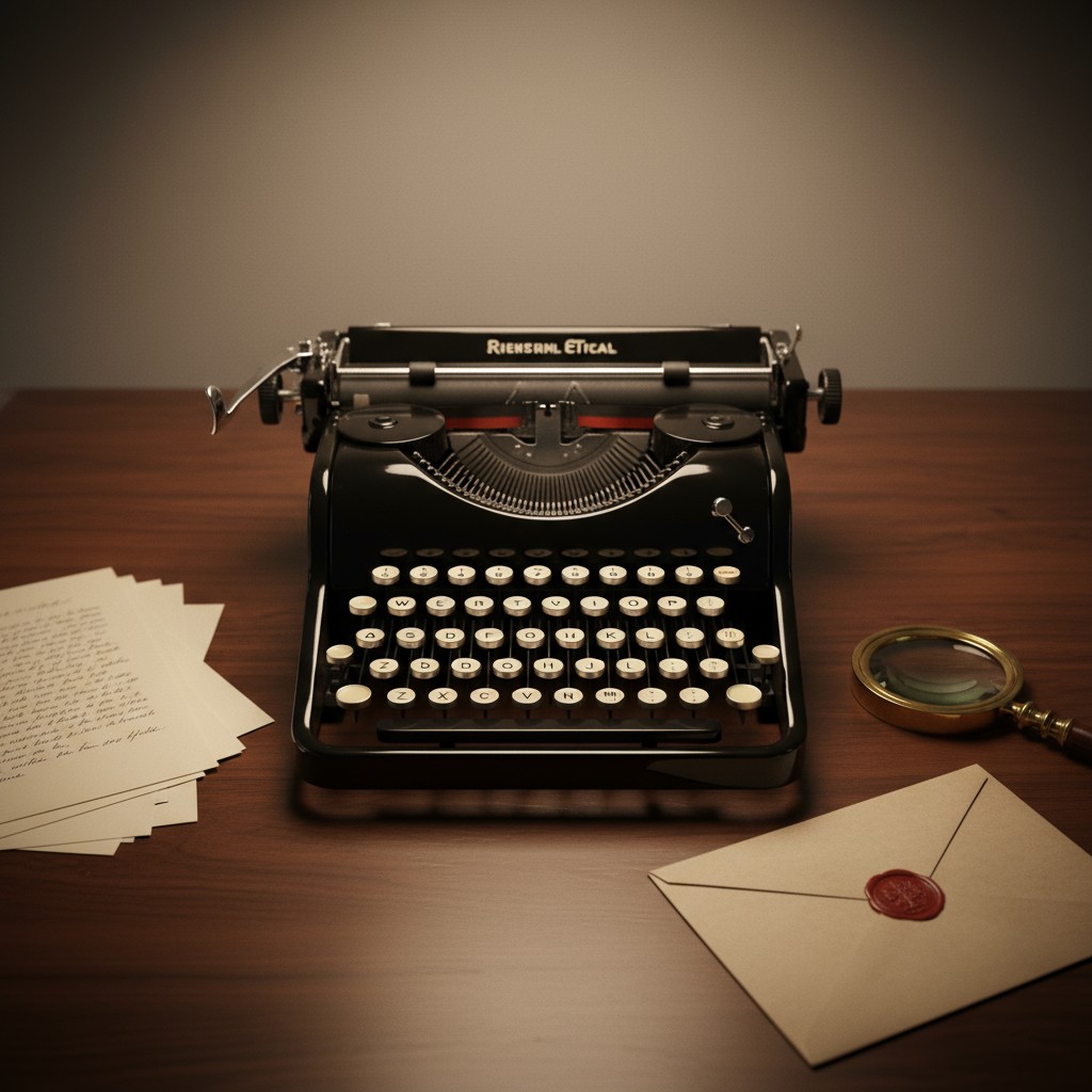 Vintage typewriter on a wooden desk with papers and an envelope.
