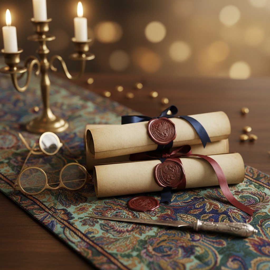 An arrangement of antique scrolls and candles on a wooden table. The parchment-like scrolls are tied with ribbons in shade...