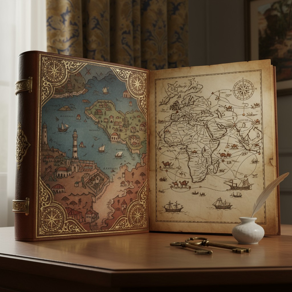 An antique-style book with ornate illustrations of a map on its pages, bound in brown leather with brass clasps and set on...