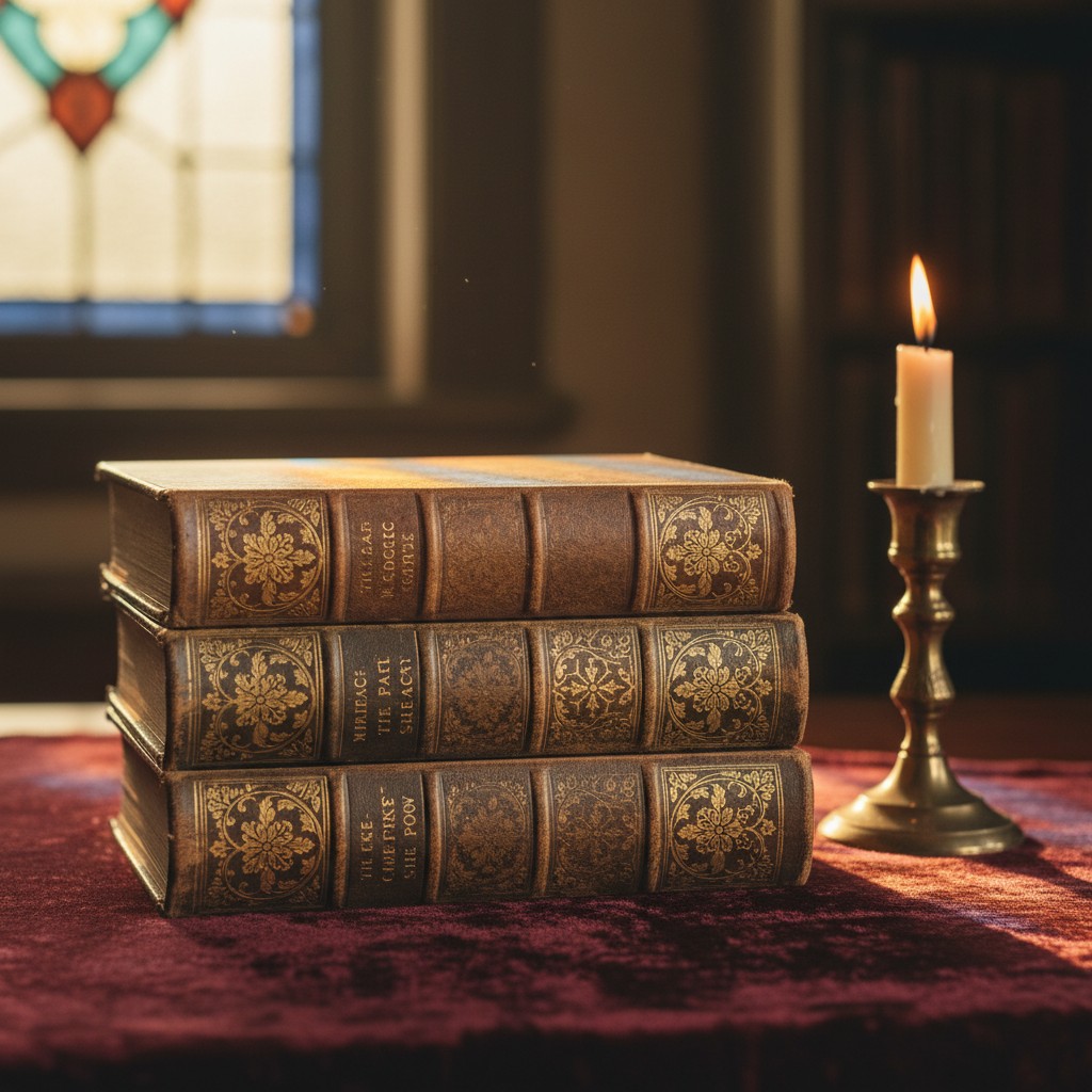 A stack of three antique books with ornate gold-printed writteners, each displaying different title lines, stands on a red...