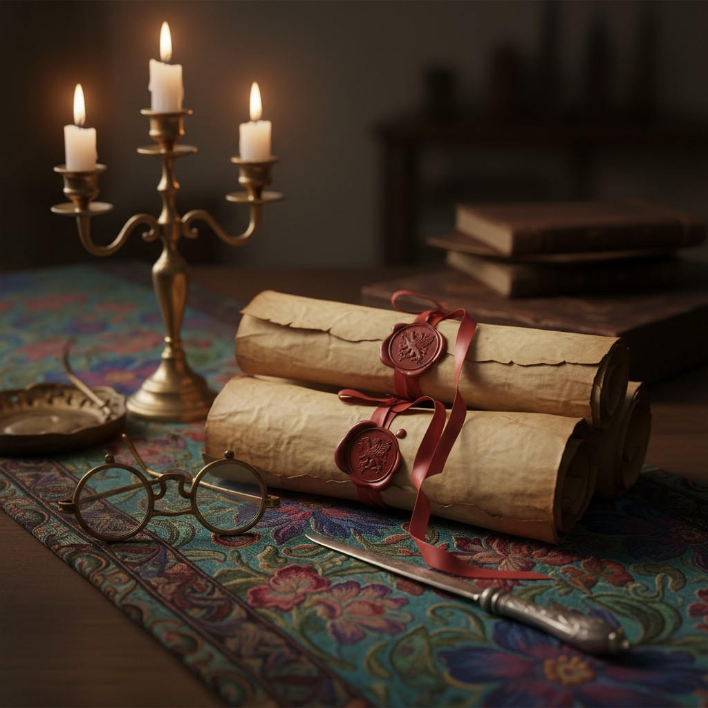 Old scrolls and lettering with glacial ice alt-text:604.".