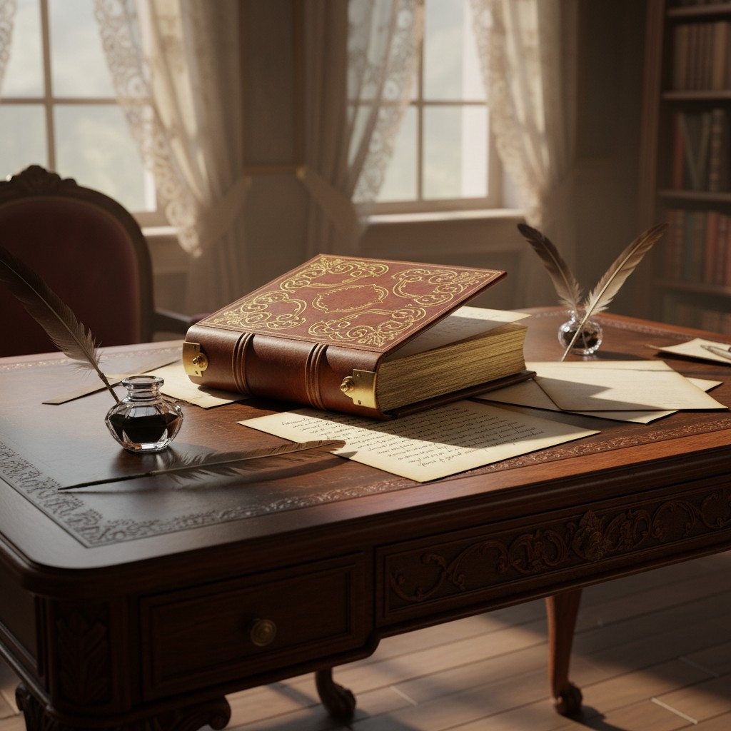 A vintage office scene with a large book, feather quills, and letters on a dark wooden desk, evoking a sense of nostalgia ...