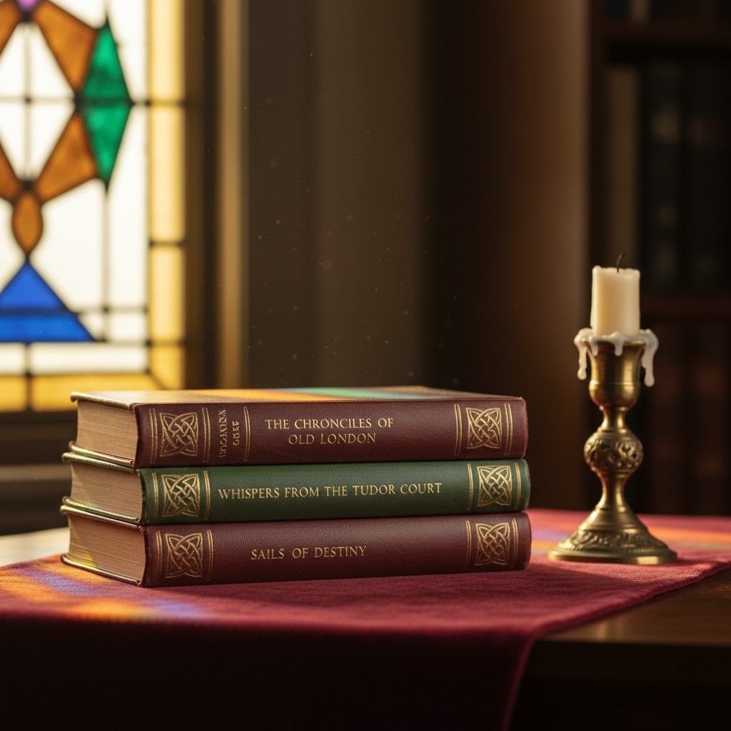 A set of books rest on a table clothe with a stained glass window and bronze candle branch in the background.